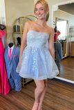 Cute Spaghetti Straps Backless Blue Short Prom Dress, Short Homecoming Dress APH0297