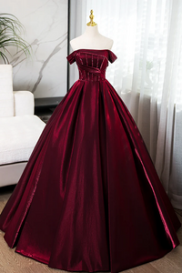 A Line off Shoulder Satin Burgundy Long Prom Dress, Burgundy Evening Dress with Beads APP1038