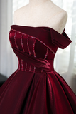 A Line off Shoulder Satin Burgundy Long Prom Dress, Burgundy Evening Dress with Beads APP1038