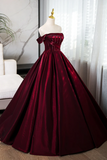 A Line off Shoulder Satin Burgundy Long Prom Dress, Burgundy Evening Dress with Beads APP1038