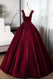 A Line off Shoulder Satin Burgundy Long Prom Dress, Burgundy Evening Dress with Beads APP1038