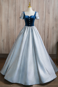 A Line Puff Sleeves Blue Long Prom Dress, Blue Long Formal Dress APP1039