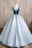 A Line Puff Sleeves Blue Long Prom Dress, Blue Long Formal Dress APP1039