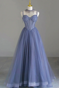 Spaghetti Strap Tulle Beaded Long Prom Dress, Beautiful A Line Evening Party Dress APP1040