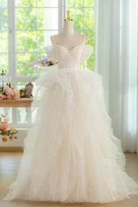 Ball Gown Tulle Lace ivory Long Prom Dress, ivory Long Graduation Dress APP1041