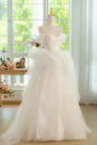 Ball Gown Tulle Lace ivory Long Prom Dress, ivory Long Graduation Dress APP1041