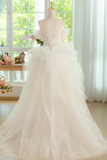 Ball Gown Tulle Lace ivory Long Prom Dress, ivory Long Graduation Dress APP1041