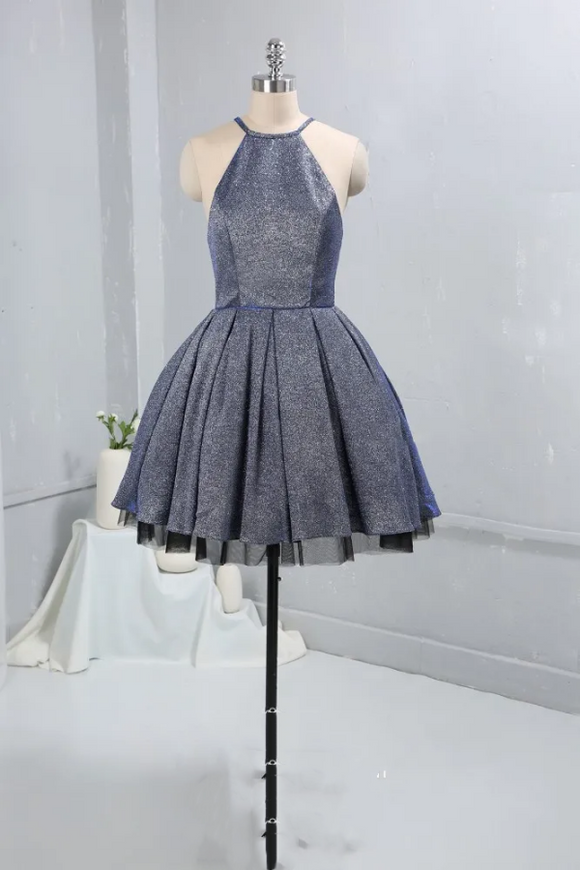 Charcoal Gray Glitter Halter Short Cocktail Dress APH0302