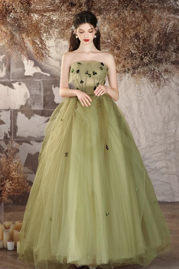 A Line Tulle Applique Green Long Prom Dress, Green Long Evening Dress APP1042