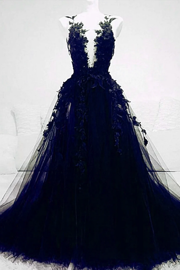 A Line Navy Blue Tulle with Lace Long Evening Dress, Navy Blue Prom Dress APP1043