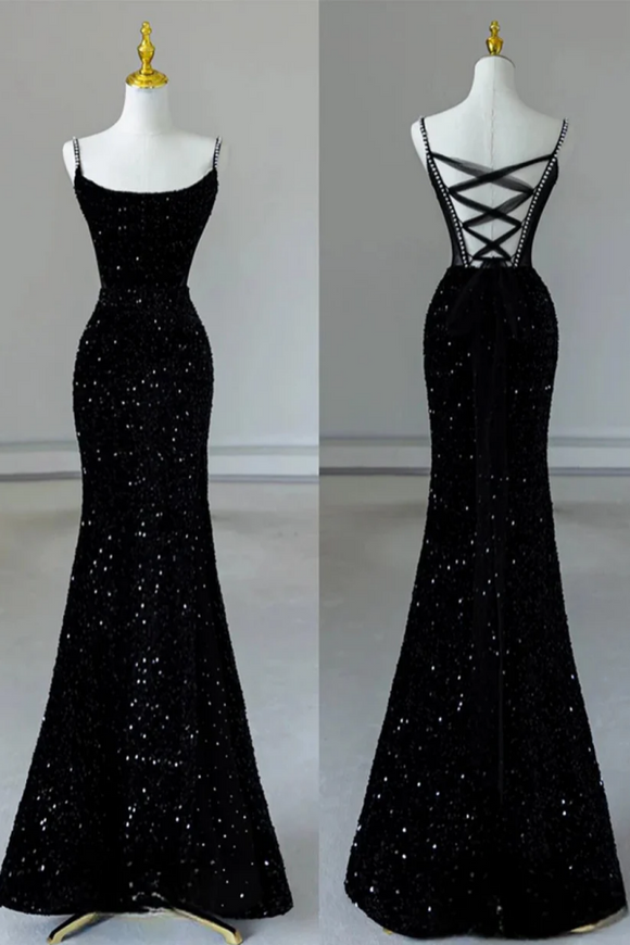 Black Mermaid and Velvet Sequin Long Prom Dress, Black Formal Dress APP1044