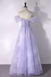 A Line Purple Tulle with Lace Off Shoulder Formal Dress, Tulle Prom Dress APP1051