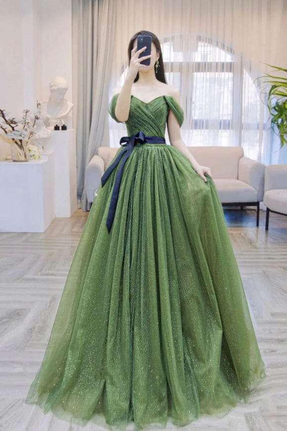 Green A Line Shiny Tulle Off Shoulder Party Dress, Green Tulle Prom Dress APP1058