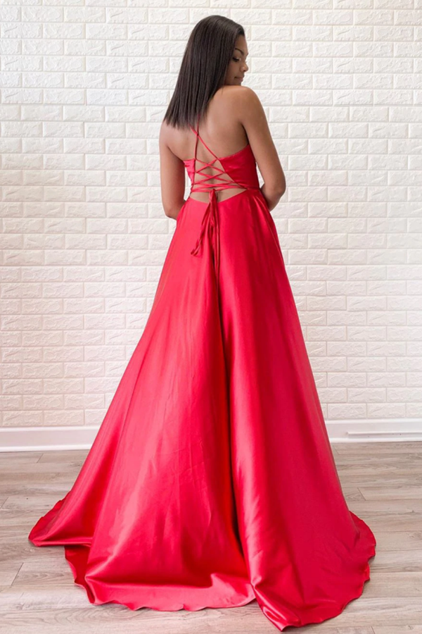 A-Line V Neck Spaghetti Straps Backless Sweep Train Red Satin Long Pro –  abcprom