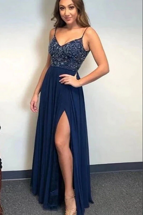 Anneprom Navy Blue A line Beaded Spaghetti Straps Prom Dresses, Long Formal Dress APP0586