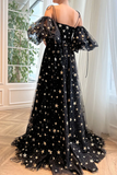 A Line Tulle Black Long Prom Dress Black Tulle Formal Evening Dress APP0697