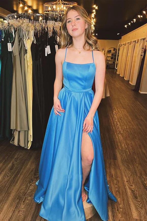 A Line Scoop Neck Spaghetti Straps Blue Satin Long Prom Dress With Slit APP0729